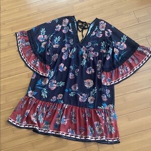 Flying Tomato botanical navy ruffles and bell sleeve dress Large